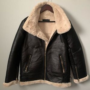 Zara Leather (Faux) Coat w/ Shearling Lining